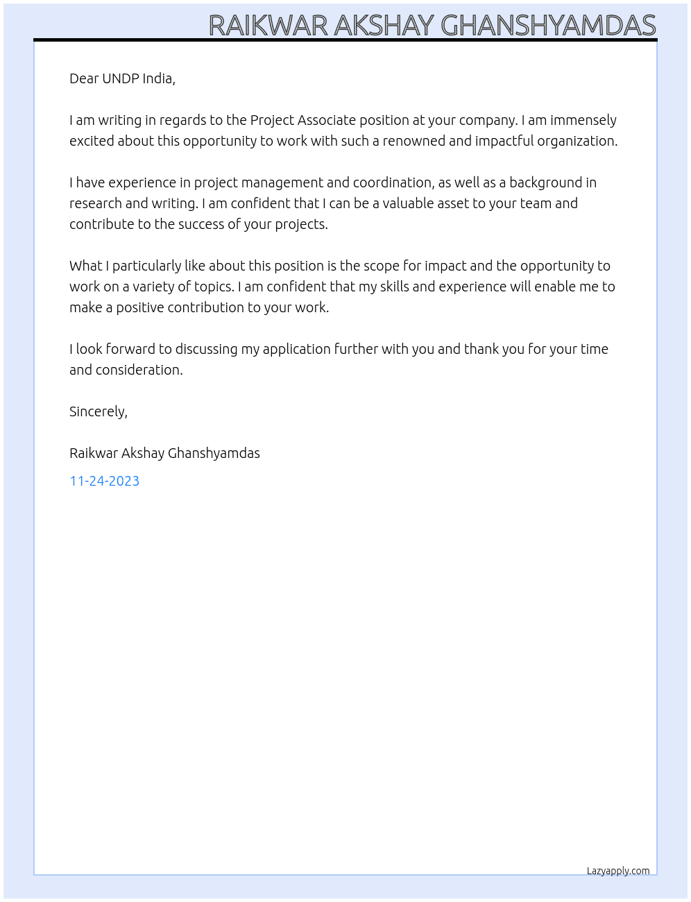 Project Associate  At UNDF Cover Letter