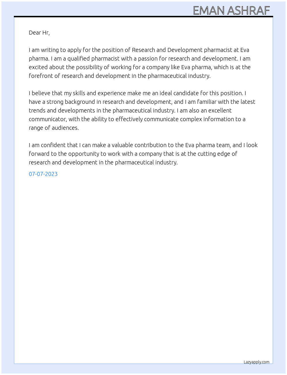 Research and development pharmacist  At Eva pharma Cover Letter