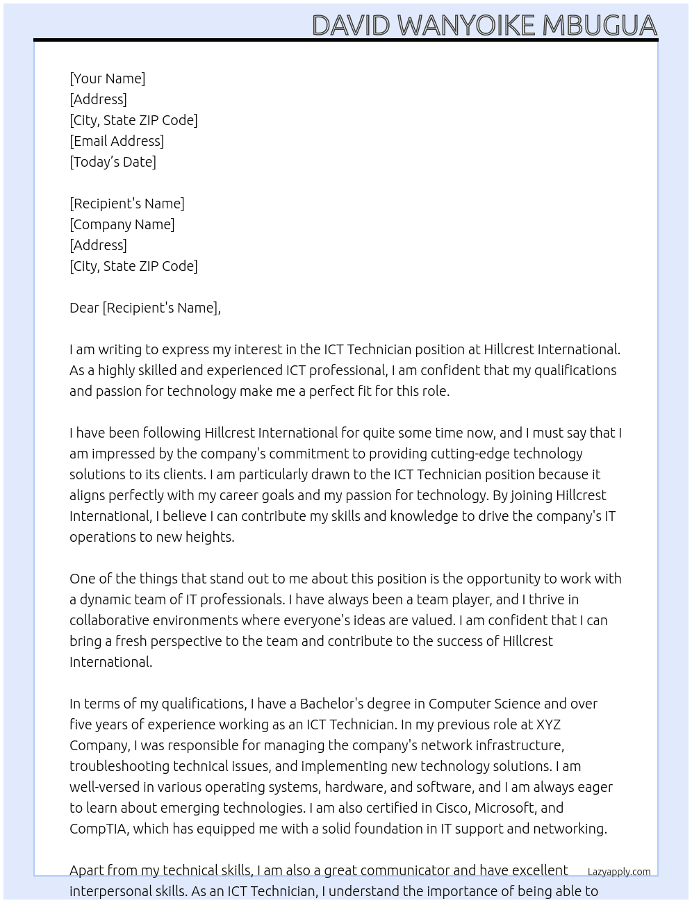 Ict technician  At Hillcrest International  Cover Letter