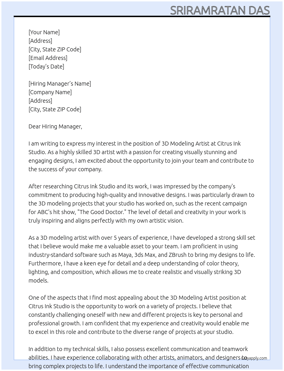 3D Modeling Artist At Citrus Ink Studio Cover Letter