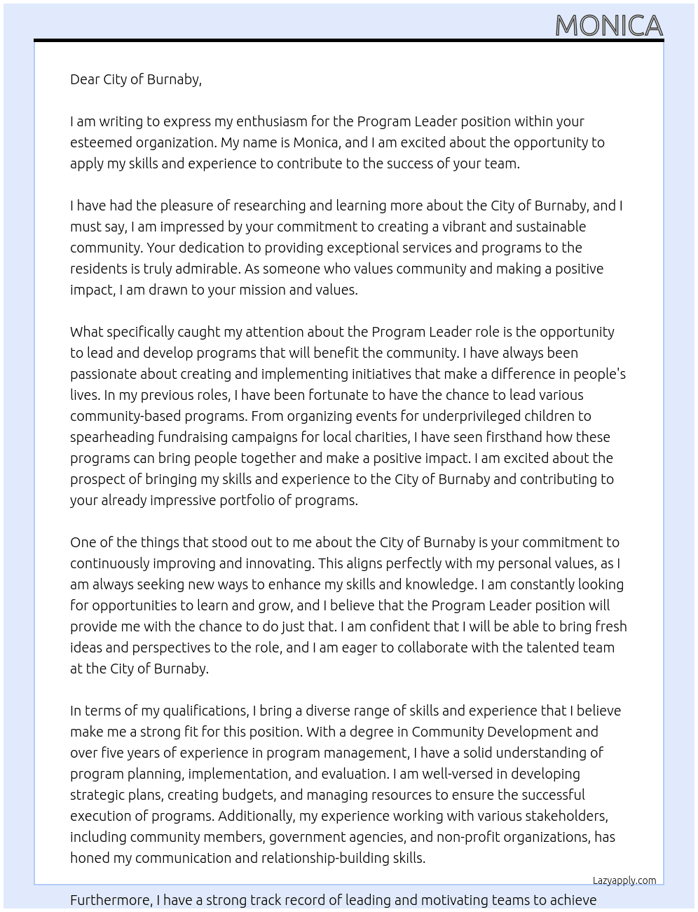 Program leader  At City of Burnaby  Cover Letter