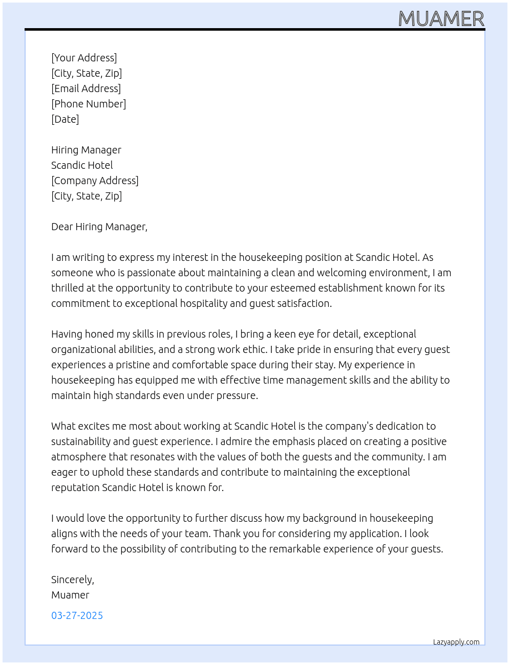 housekepping At scandic hotel Cover Letter