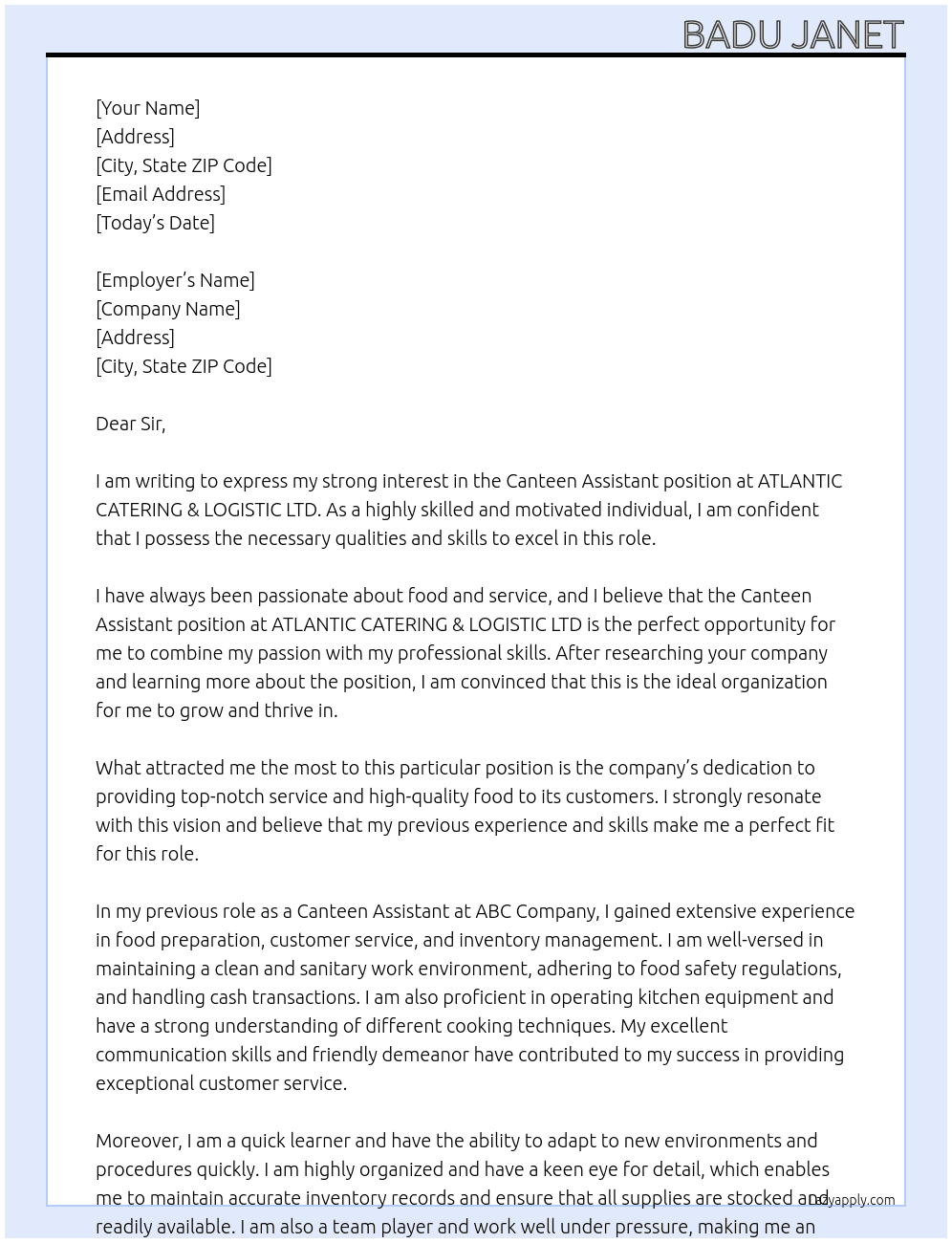 Canteen Assistant At ATLANTIC CATERING & LOGISTIC LTD.  Cover Letter