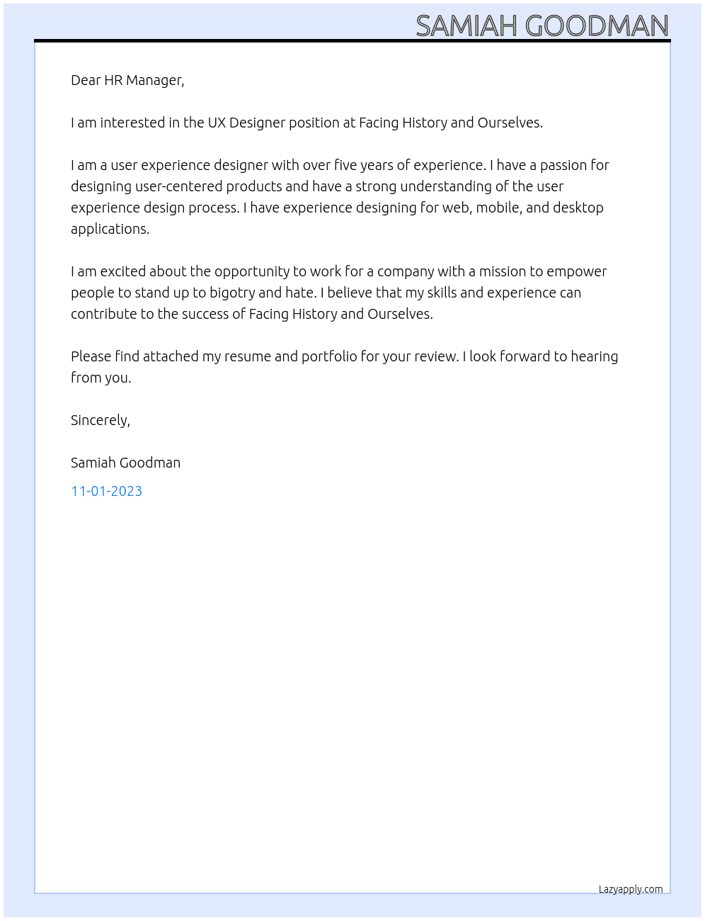 UX Designer At Facing History and Ourselves  Cover Letter