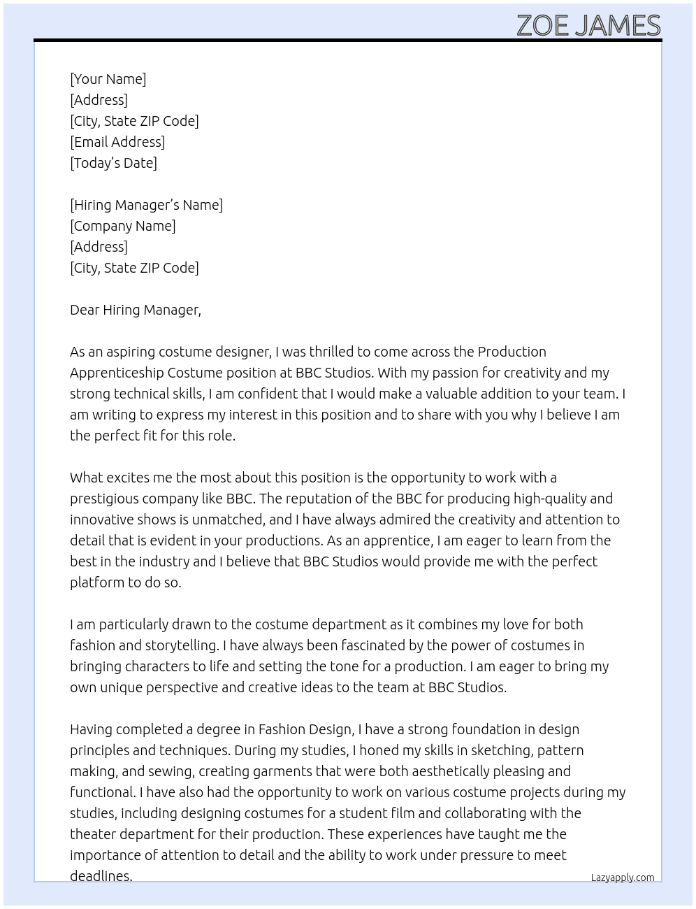 Production Apprenticeship Costume BBC Studios  At BBC Cover Letter
