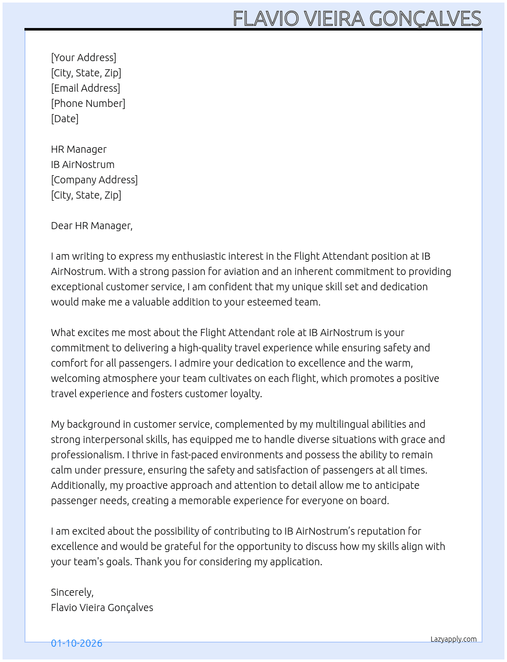 flight Attendant At IB AirNostrum Cover Letter