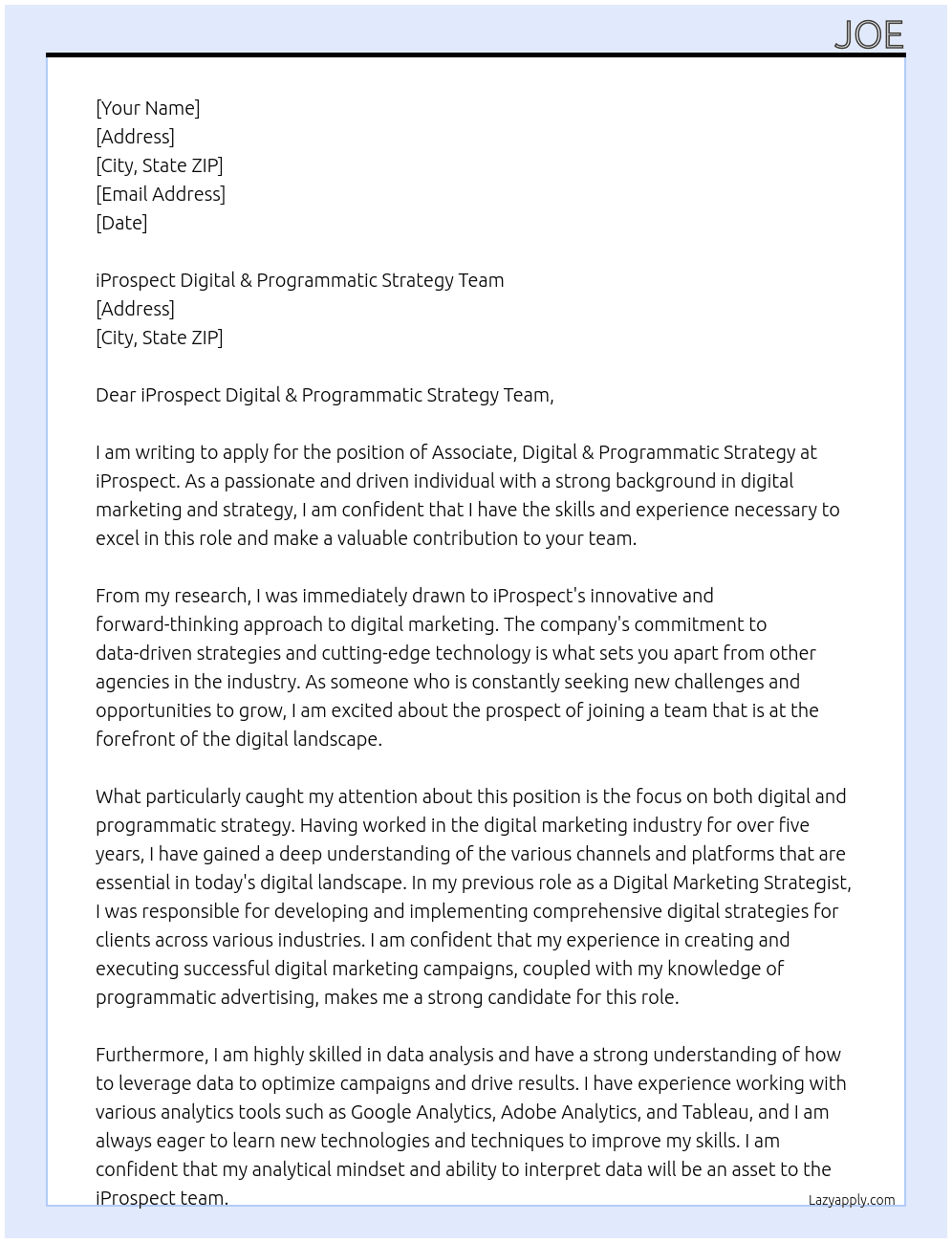 Associate, Digital & Programmatic Strategy At iProspect Cover Letter