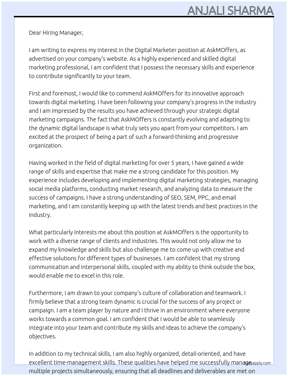 Digital Marketer At AskMOffers Cover Letter