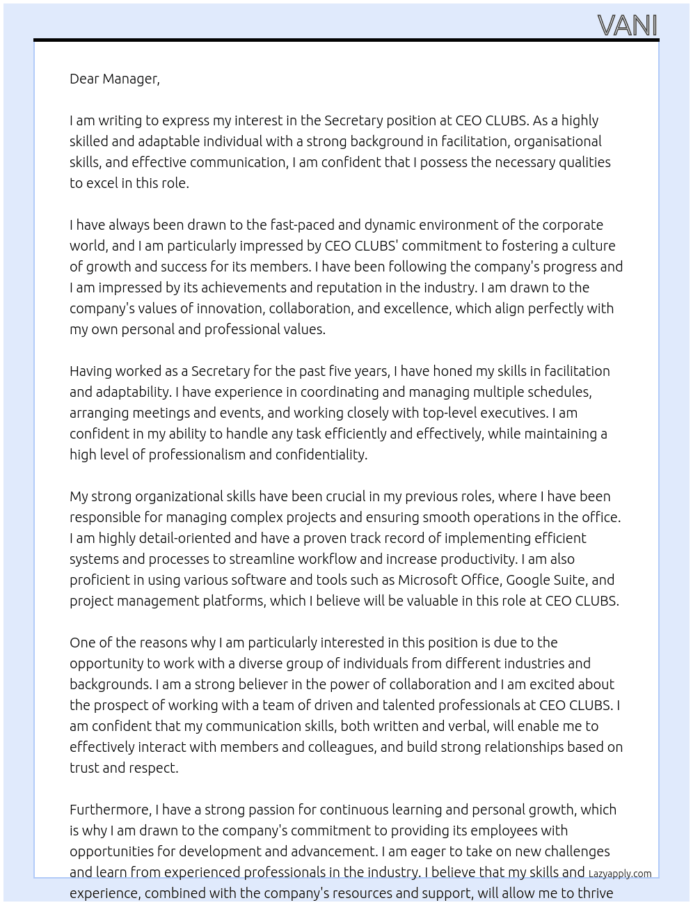 Secretary  At CEO CLUBS Cover Letter
