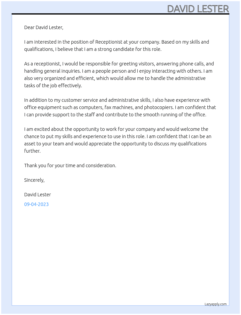 Receptionst At David Lester Cover Letter