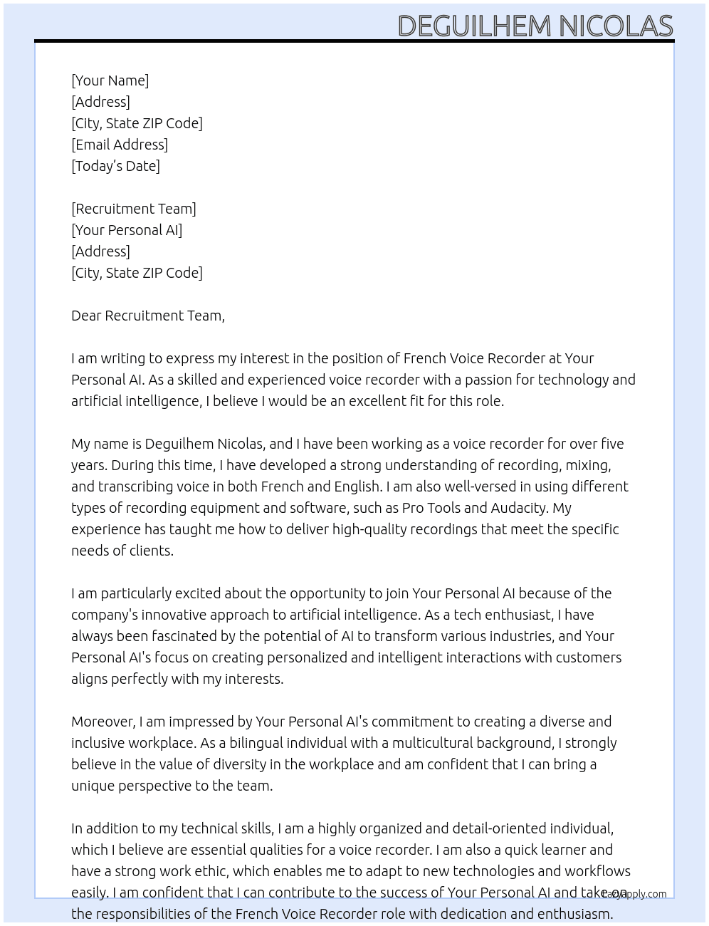 French Voice Recorder  At Your Personal AI Cover Letter