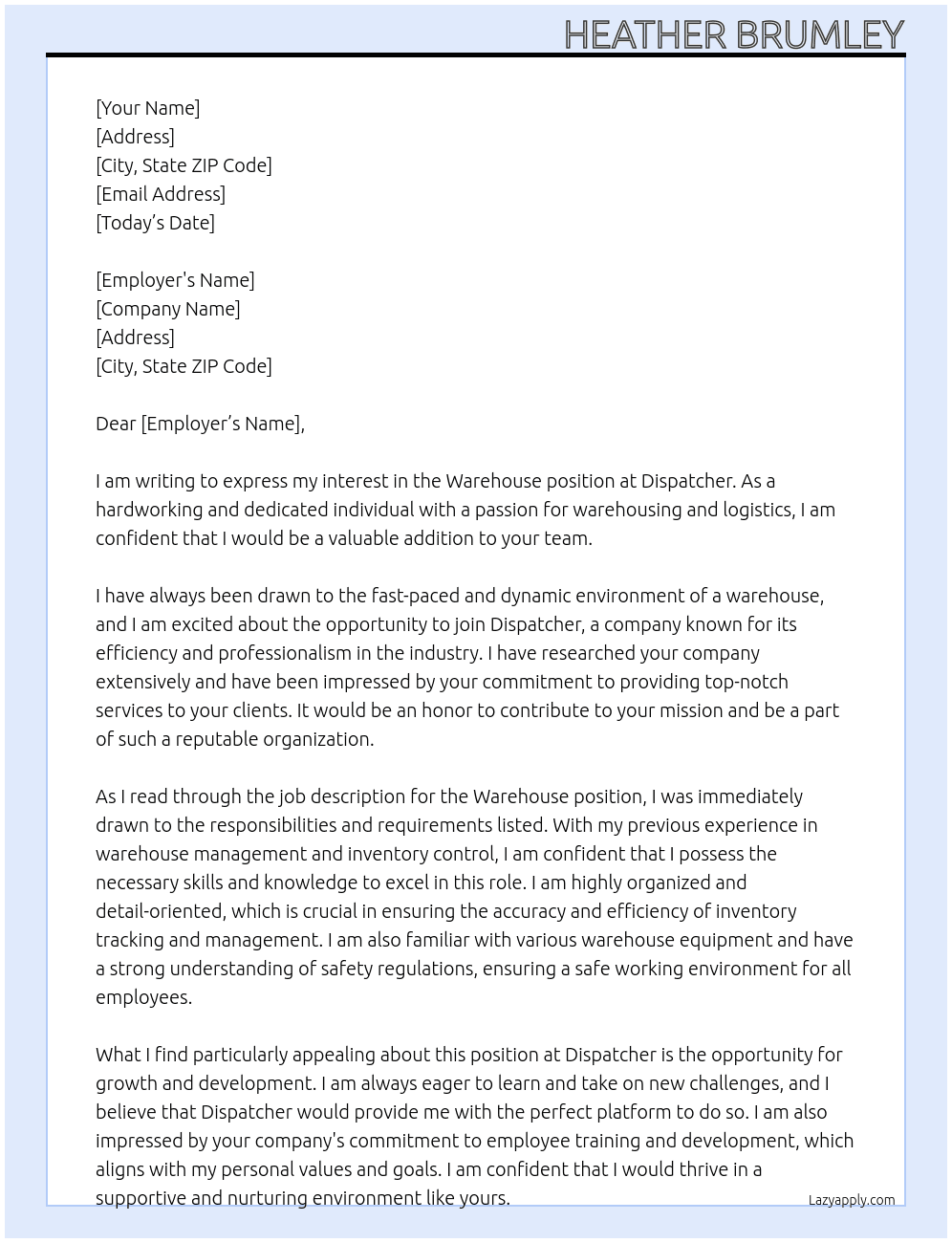 Warehouse At Dispatcher Cover Letter
