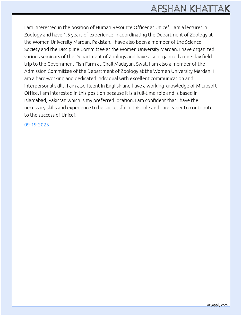 Human Resource Officer At Unicef Cover Letter