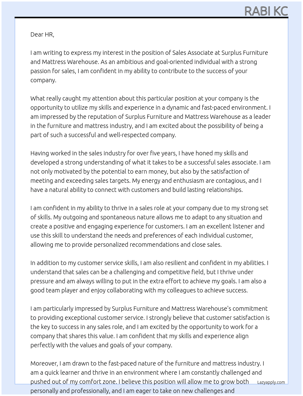 Sales associates  At Surplus Furniture and Mattress Warehouse Cover Letter