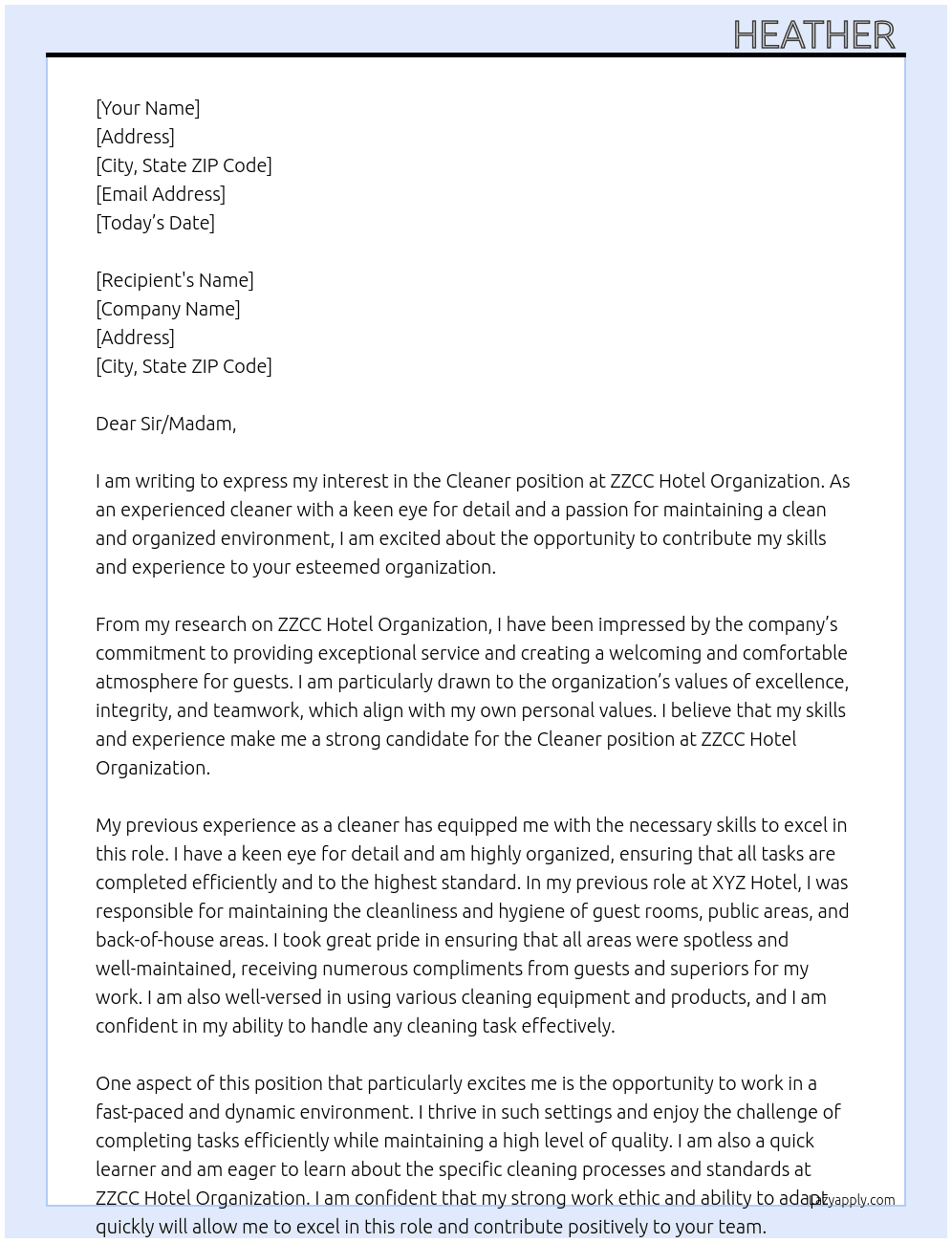 Cleaner  At ZZCC Hotel Organization Cover Letter