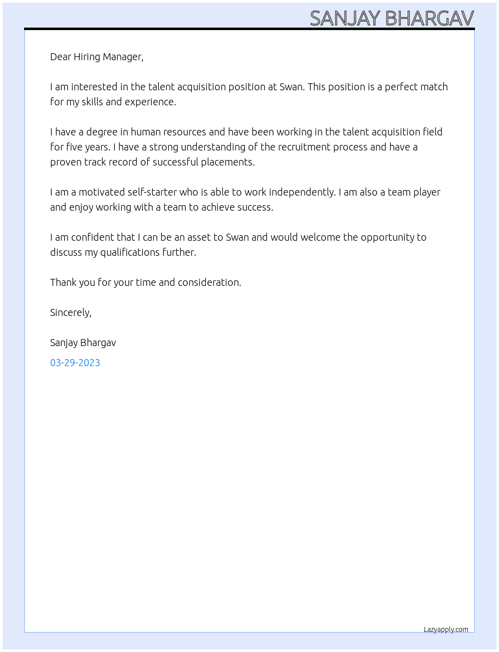 talent acquisition  At Swan Cover Letter