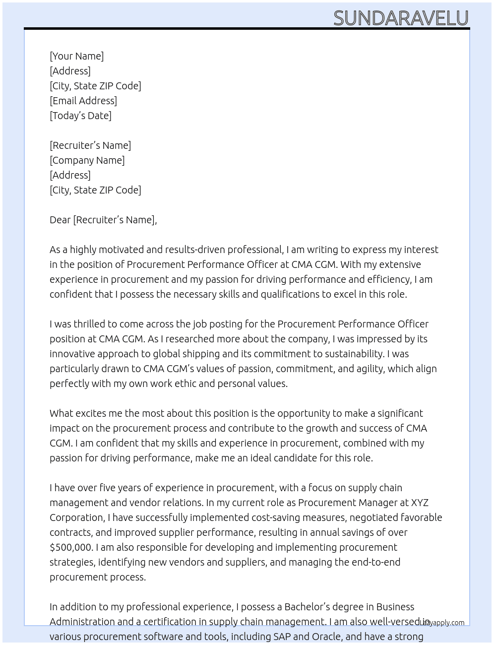 Procurement performance officer At CMA CGM Cover Letter