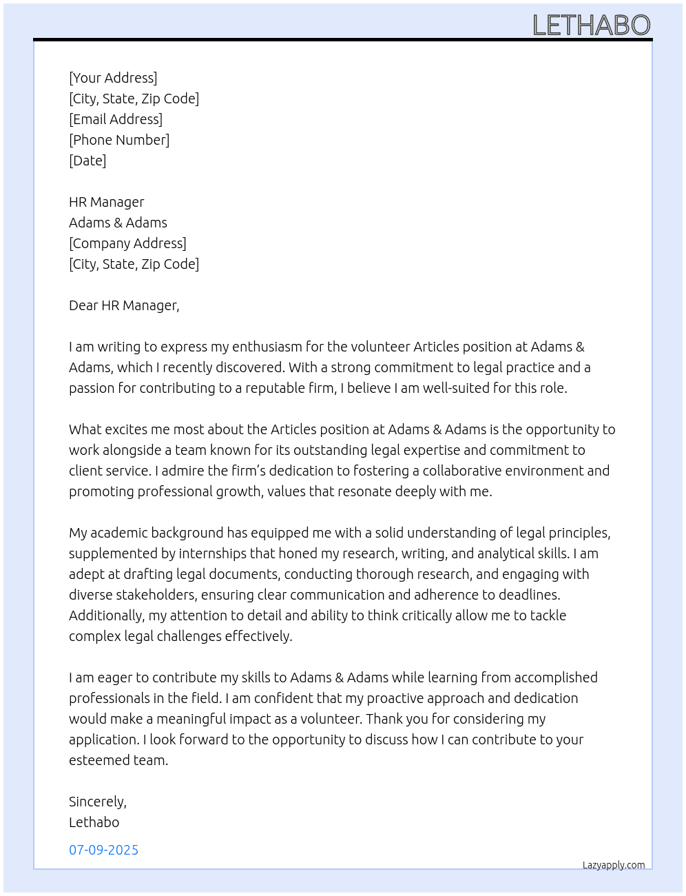 Cover letter for articles - LazyApply
