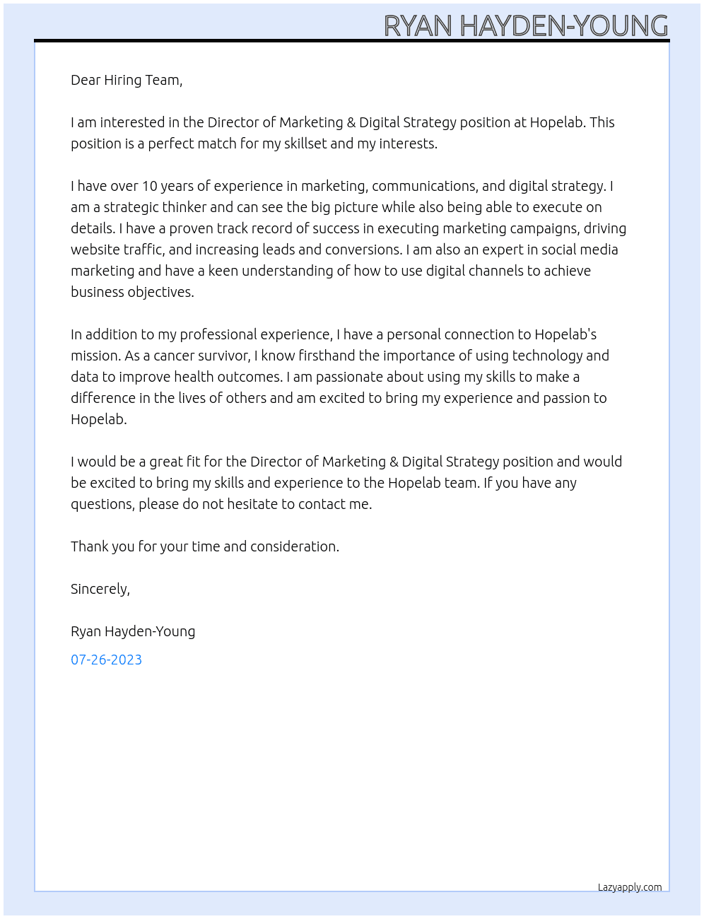 Director of Marketing & Digital Strategy At Hopelab Cover Letter