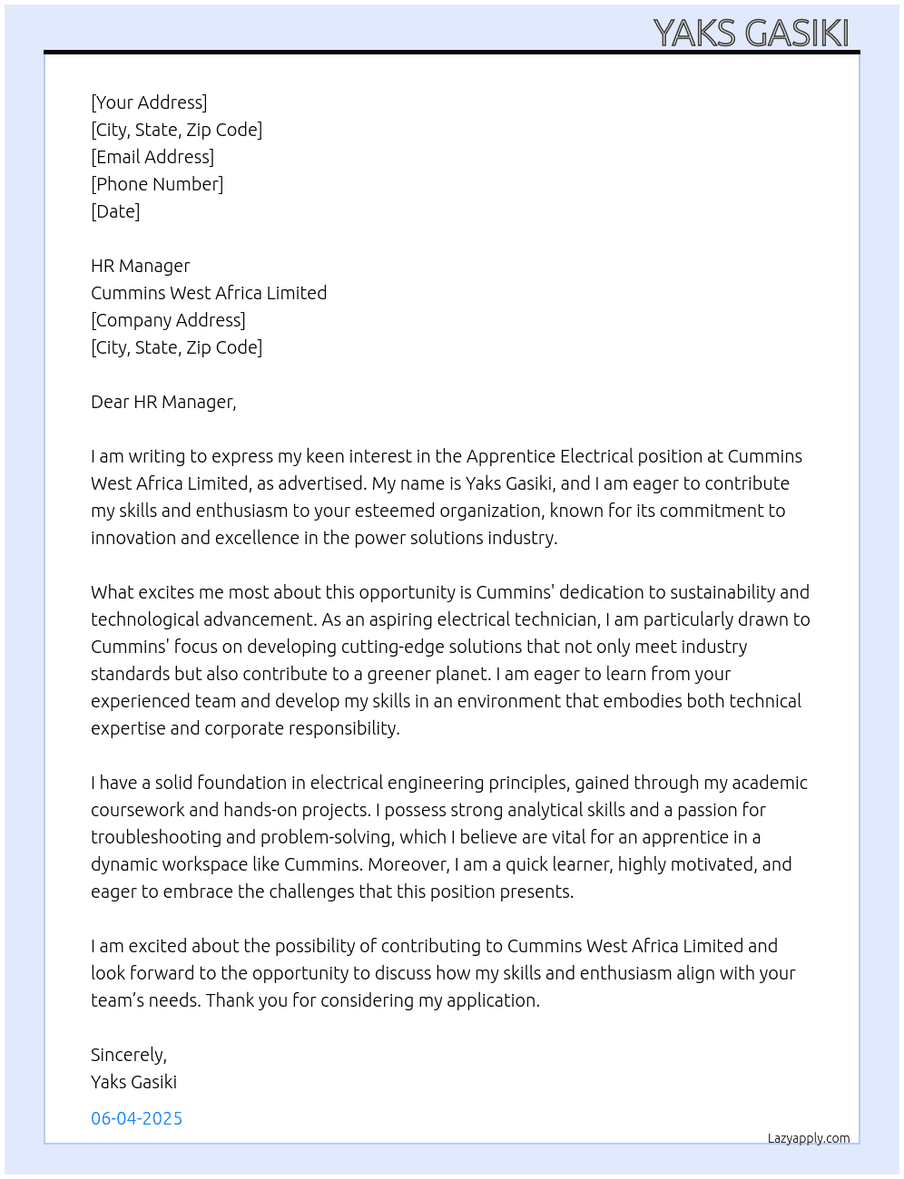 Apprentice Electrical  At Cummins West Africa Limited  Cover Letter