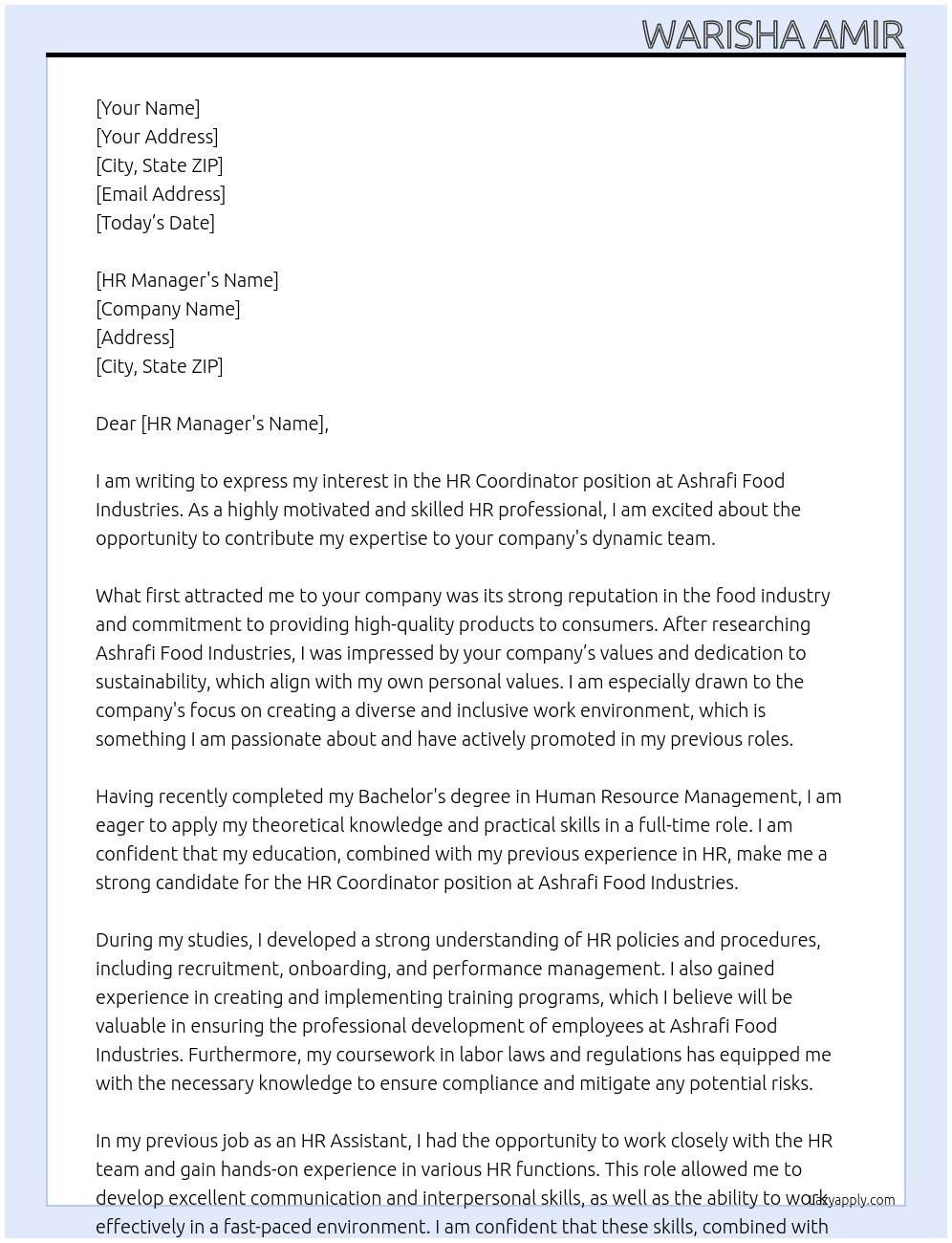 HR Coordinator At Ashrafi Food industries Cover Letter