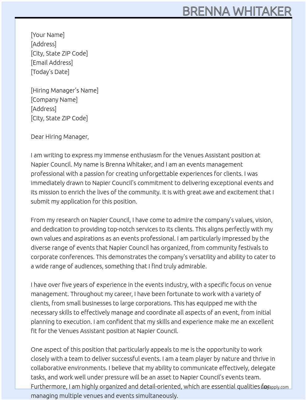 Venues Assistant  At Napier Council Cover Letter