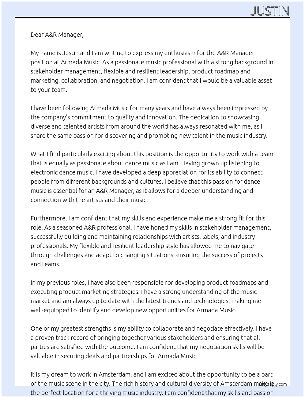 A&R Manager At Armada Music  Cover Letter