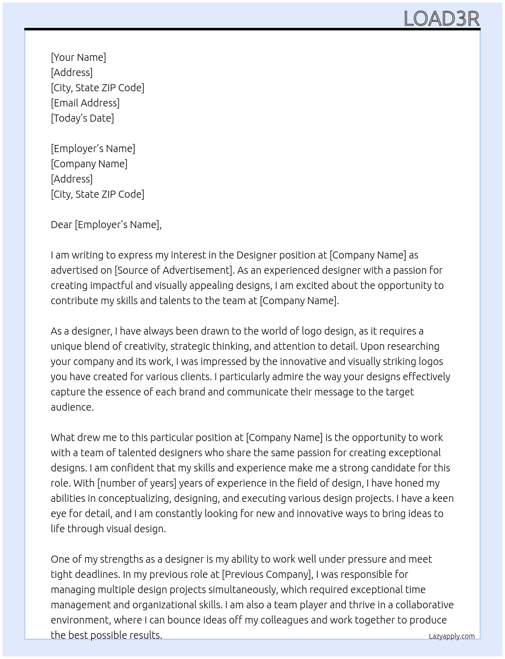 Designer At logo design Cover Letter