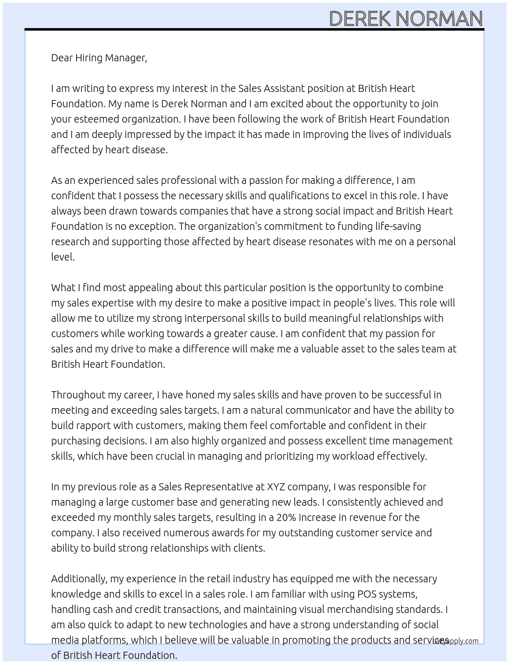 Sales Assistant At British Heart Foundation Cover Letter