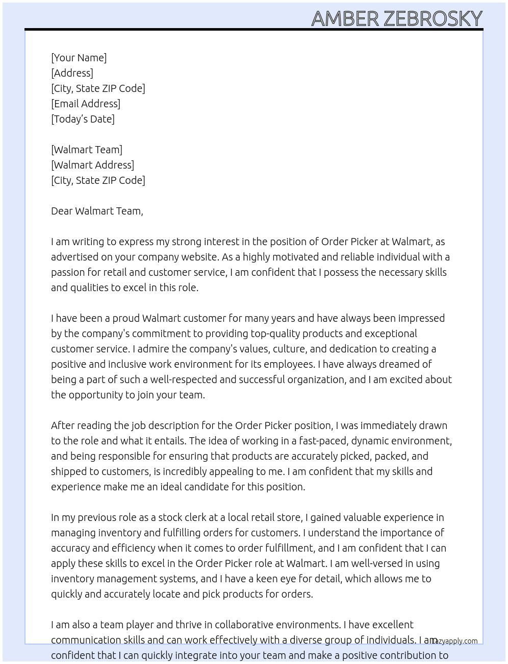 Order picker At Walmart  Cover Letter