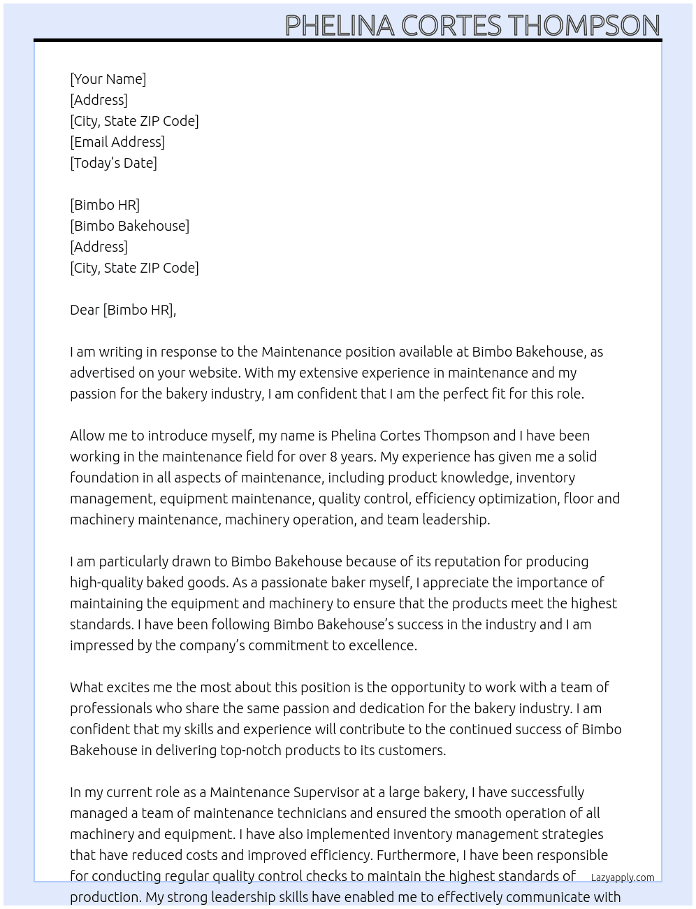 Maintenance At Bimbo bakehouse Cover Letter