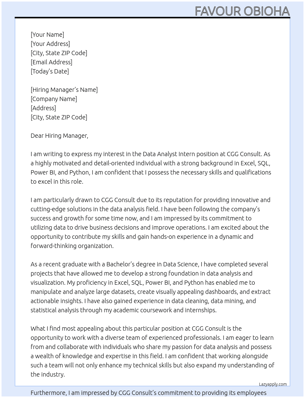 Data Analyst intern At CGG Consult Cover Letter