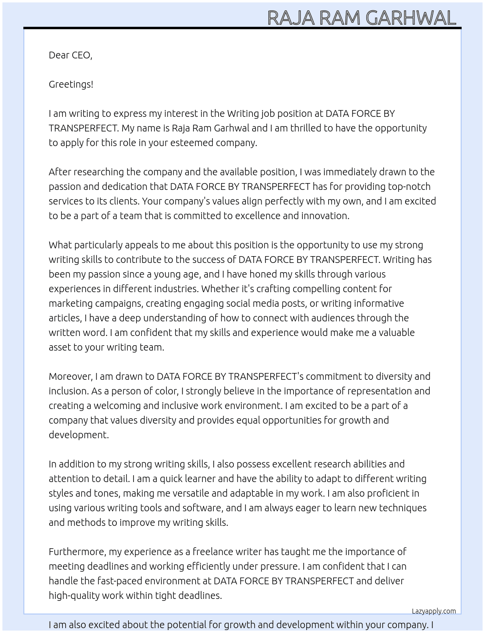 Writing job At DATA FORCE BY TRANSPERFECT  Cover Letter