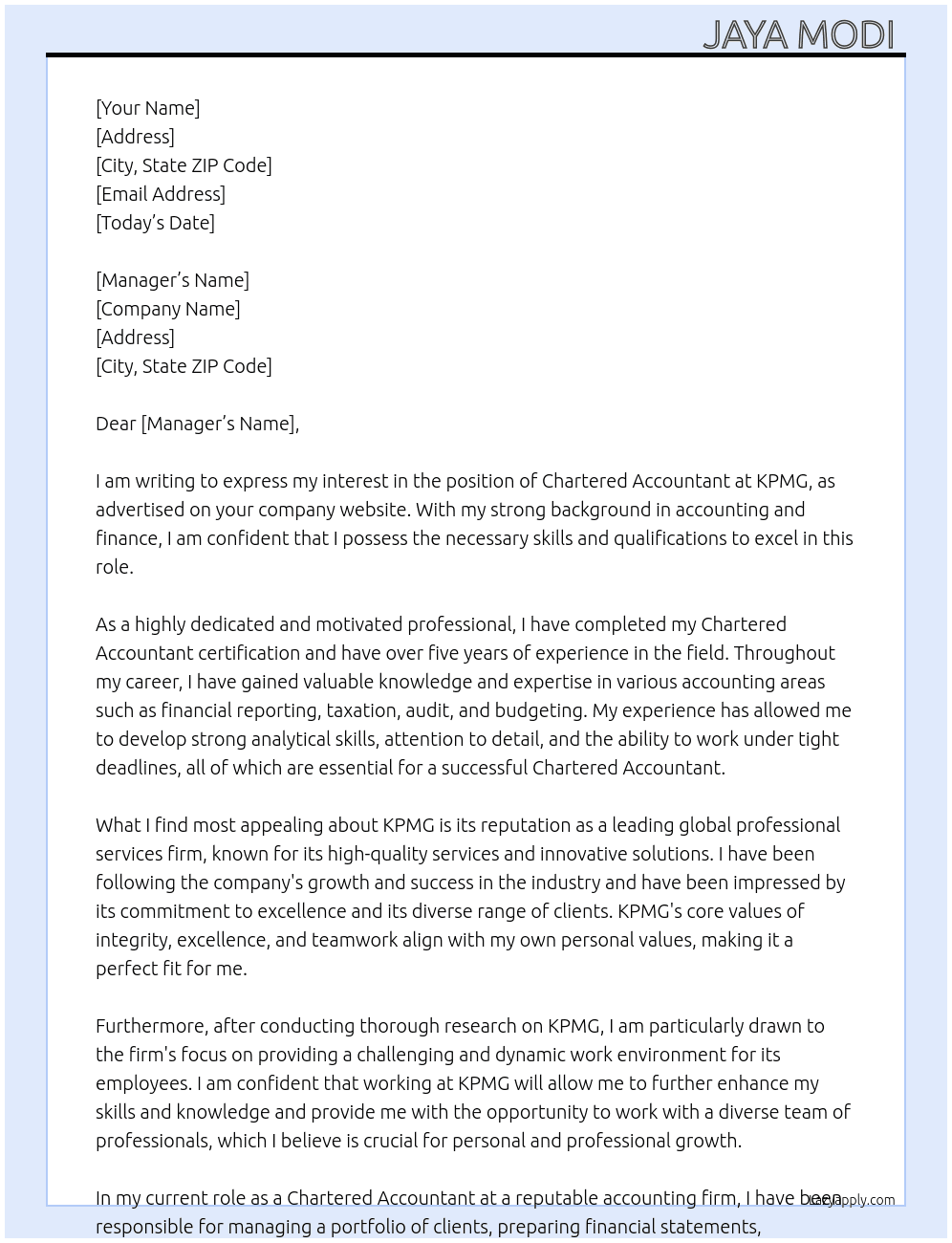 Chartered accountant At Kpmg Cover Letter