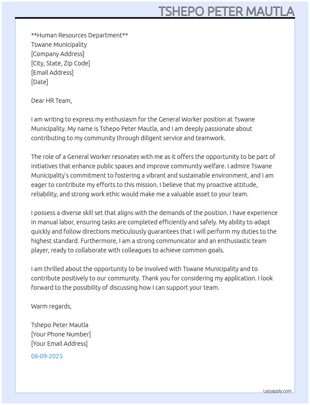 General worker At Tswane municipality Cover Letter