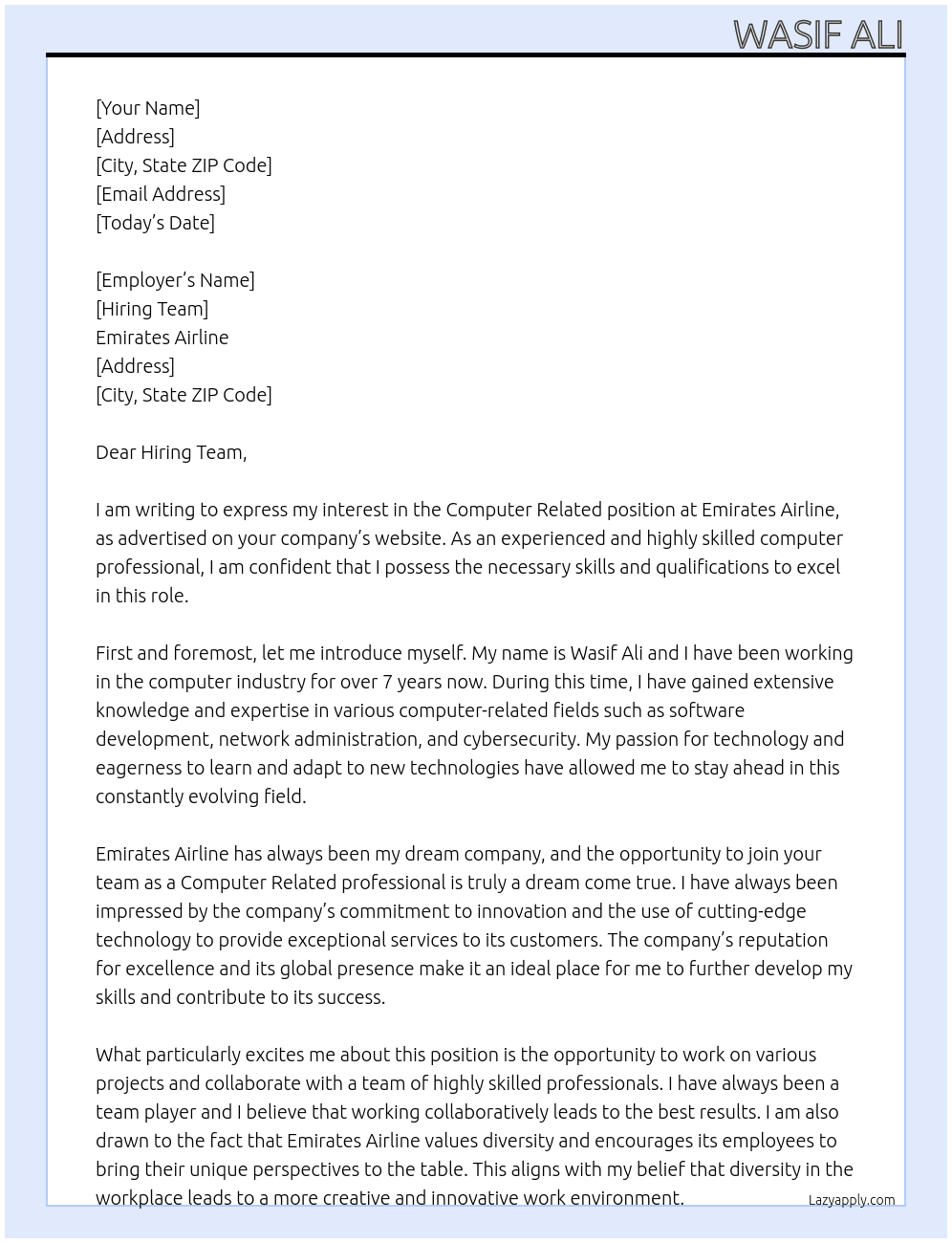 Computer related  At Emirates air line  Cover Letter