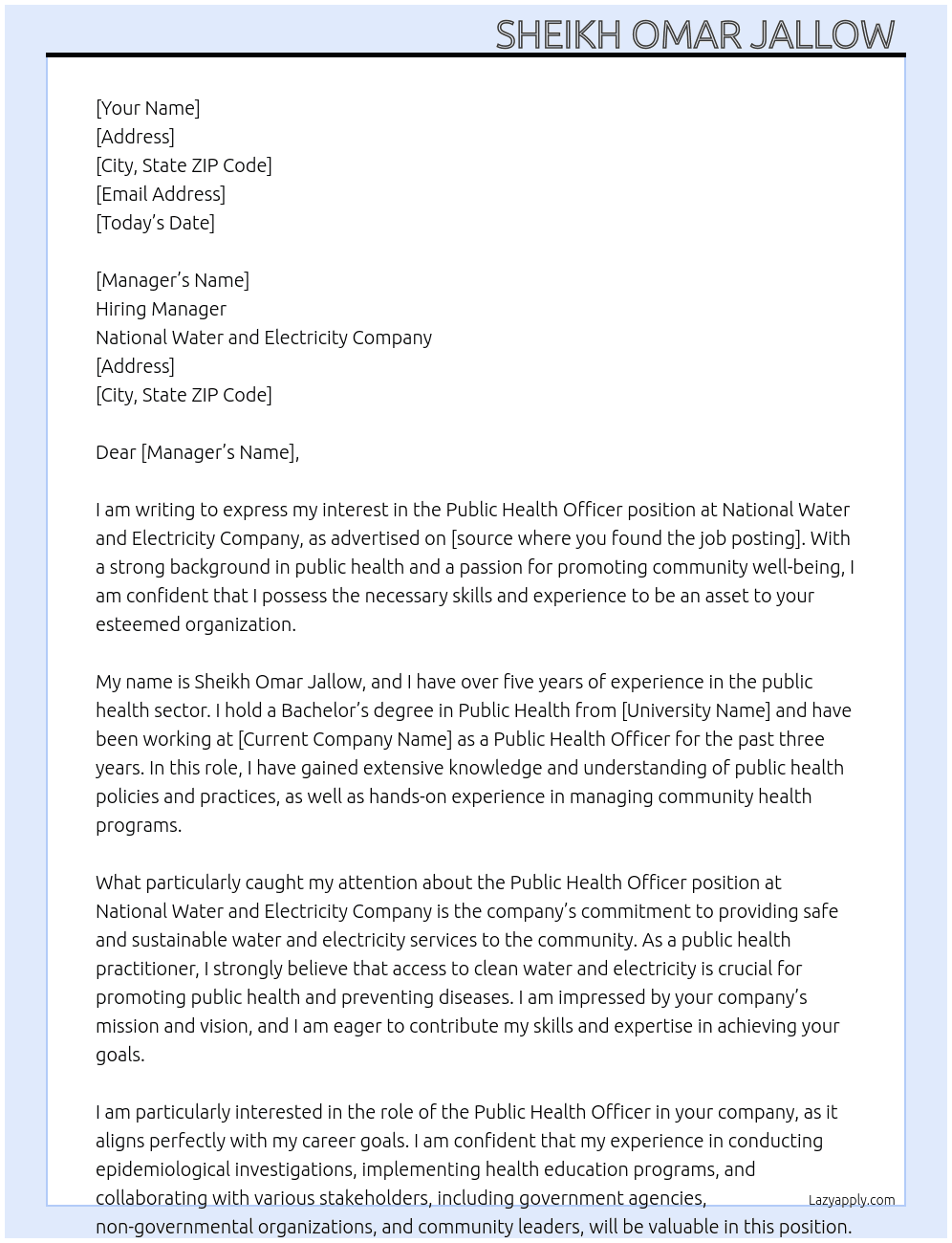 Public health officer  At National water and electricity company  Cover Letter