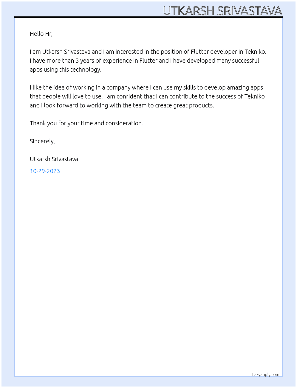 Flutter developer At Tekniko Cover Letter