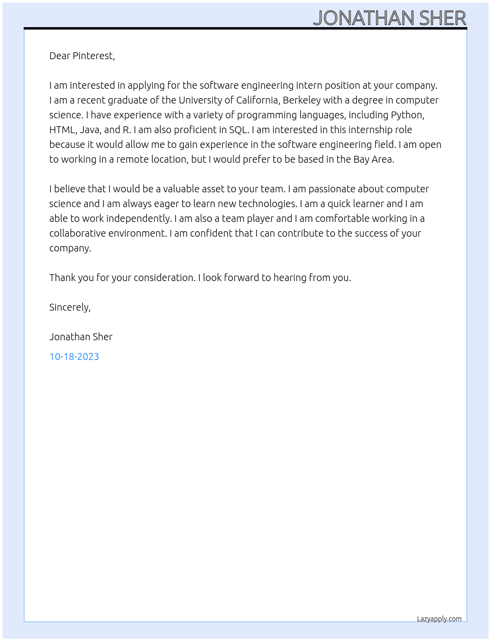 software engineering intern At Pinterest Cover Letter