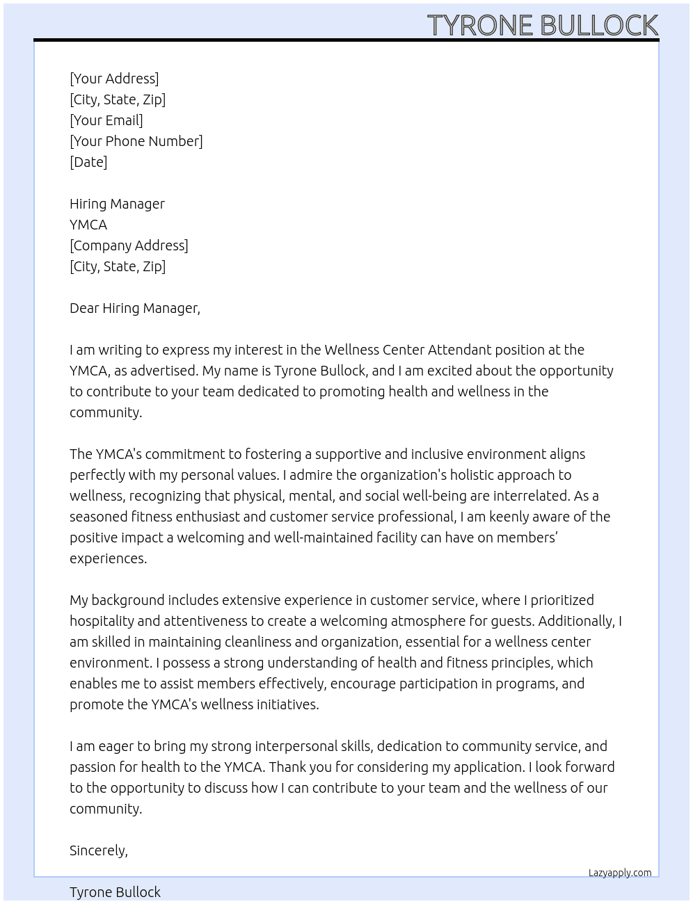 wellness center attendant At YMCA Cover Letter