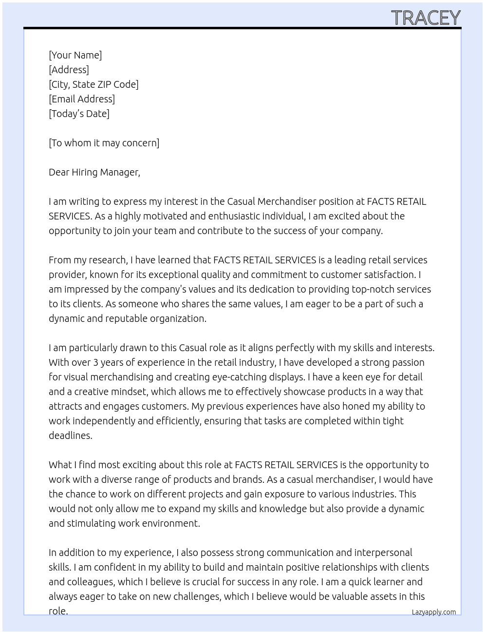 Casual Merchandiser  At FACTS RETAIL SERVICES Cover Letter