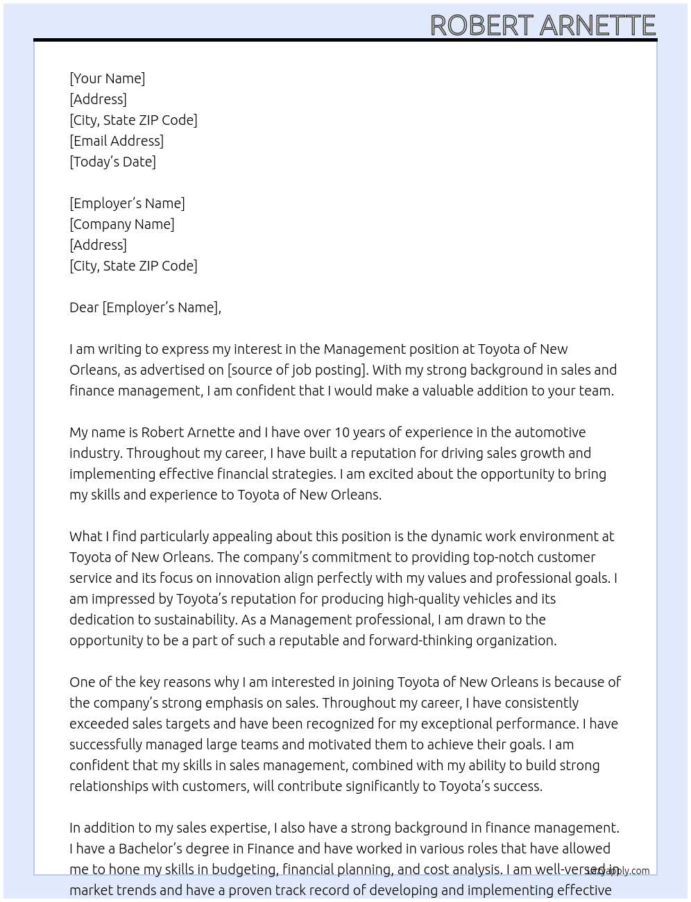 Management  At Toyota of New Orleans Cover Letter