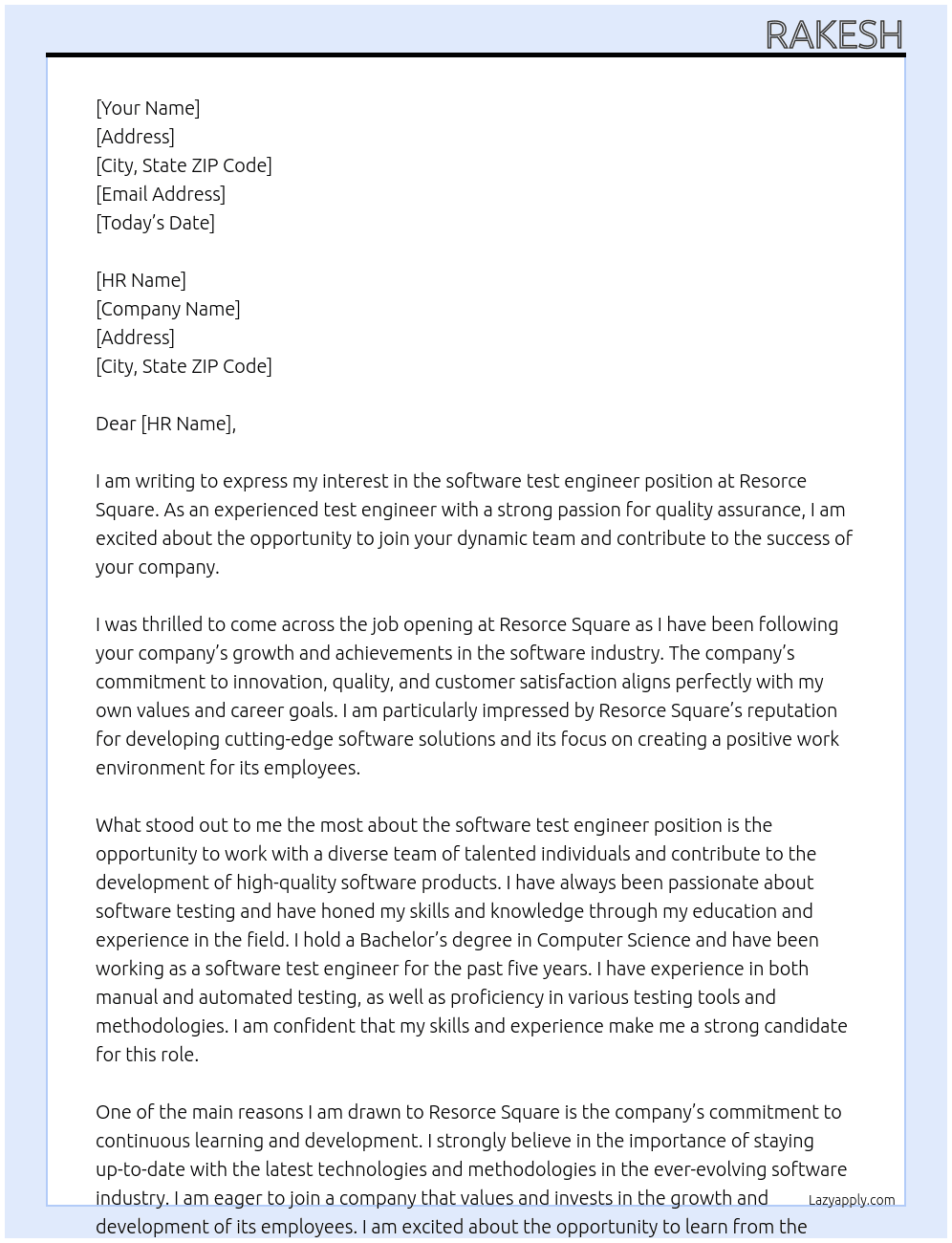 software test engineer  At resorce square Cover Letter