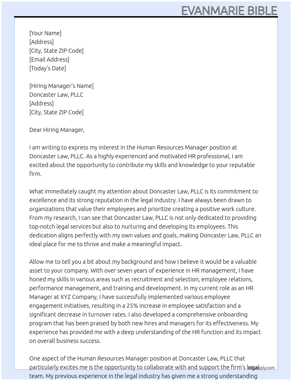 Human Resources Manager At Doncaster Law, PLLC Cover Letter