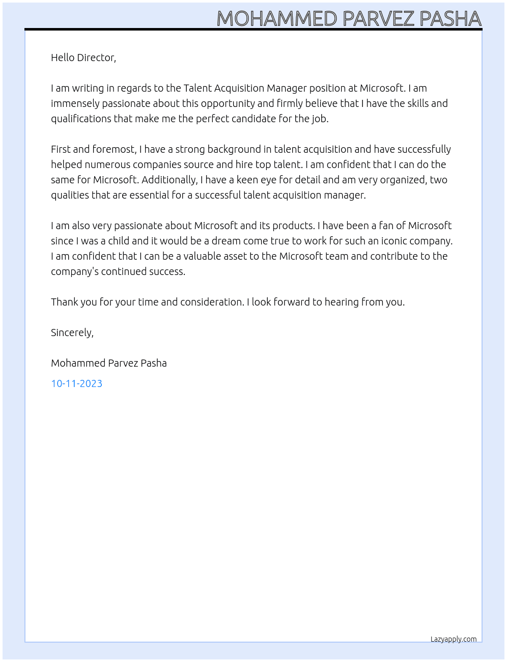 Talent Acquisition Manager At Microsot Cover Letter