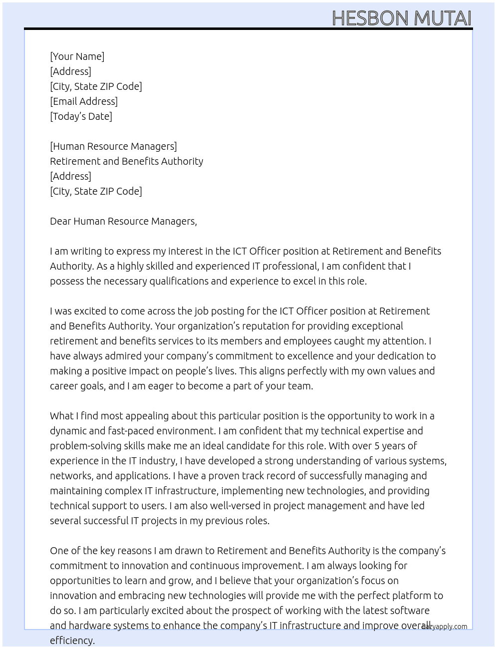 ICT OFFICER At RETIREMENT AND BENEFITS AUTHORITY Cover Letter