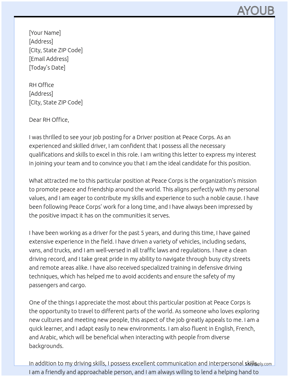 Driver At Peace Corps Cover Letter