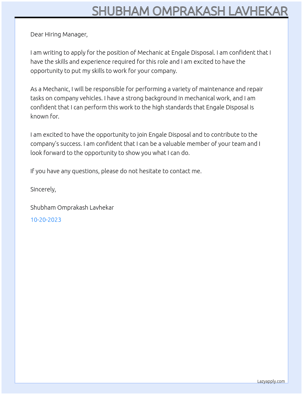 Mechanic  At Engale disposal  Cover Letter