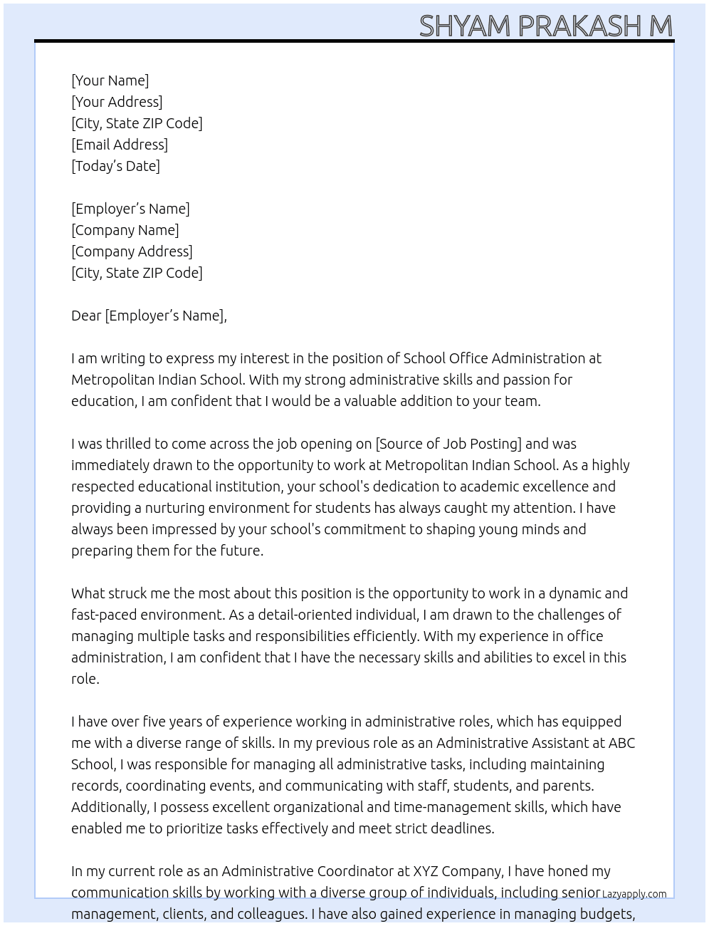 Cover letter for school office administration - LazyApply