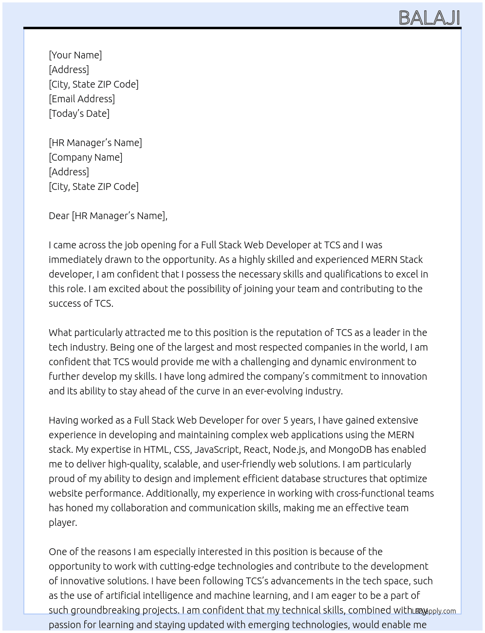 Full stack web developer At TCS Cover Letter